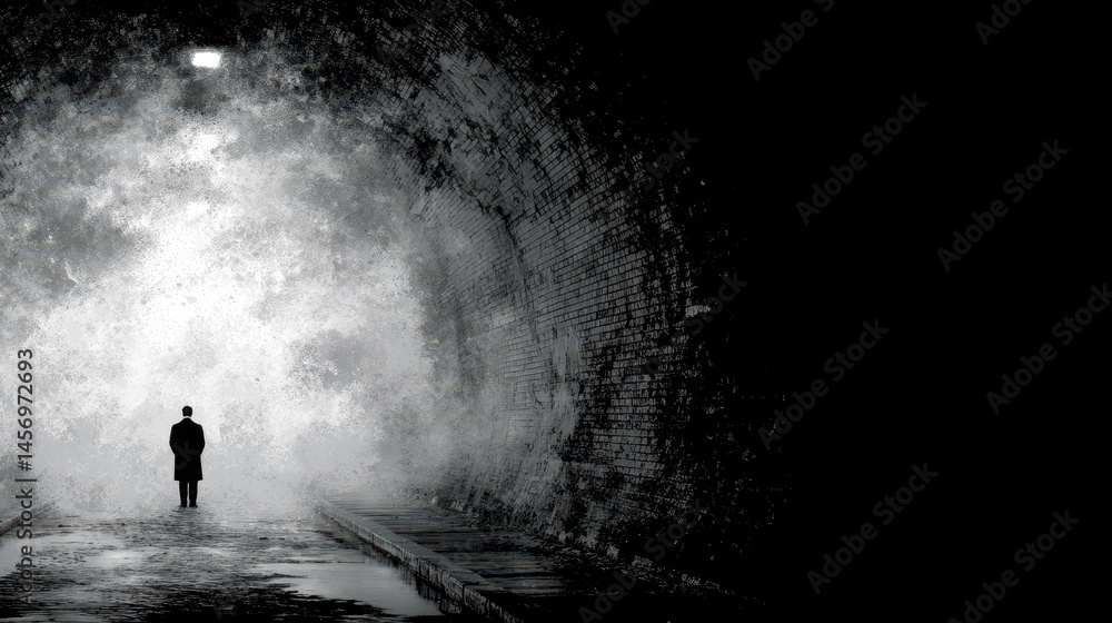 Fototapeta premium Lone traveler gazes into the mysterious tunnel illuminated by a distant light revealing an unknown journey