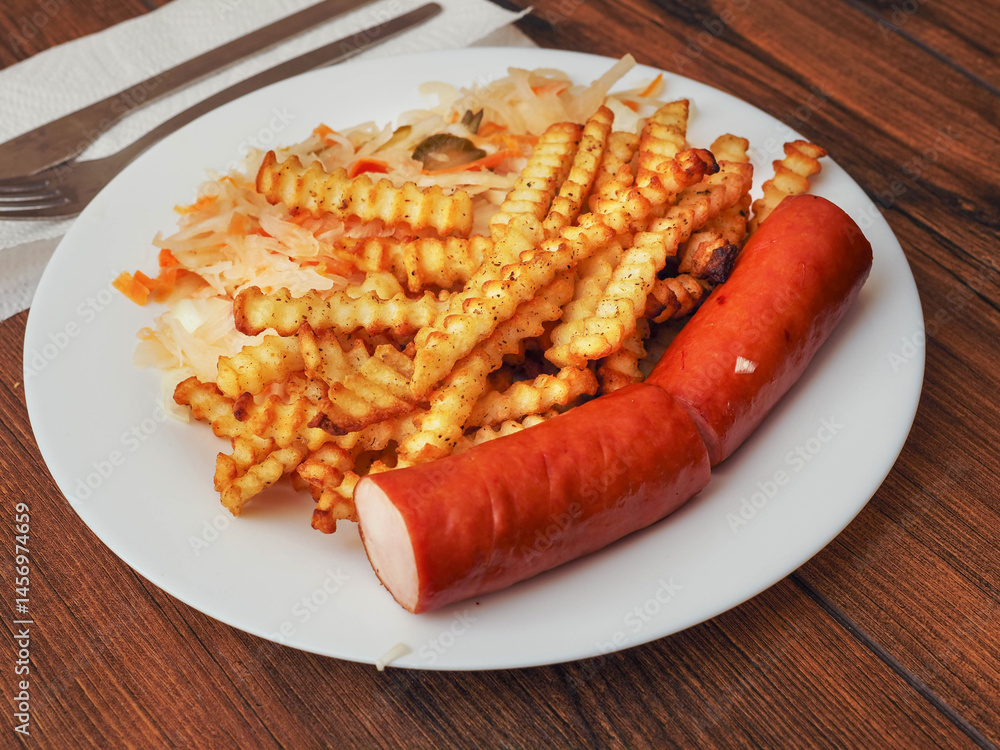 A plate of food with a hot dog and French fries on it and sauerkraut salad. The plate is on a wooden table. Tasty dinner.