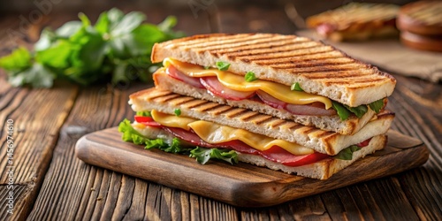 A juicy Club sandwich panini with crispy ham and melted cheese, sliced in half on a rustic wooden table, sandwich