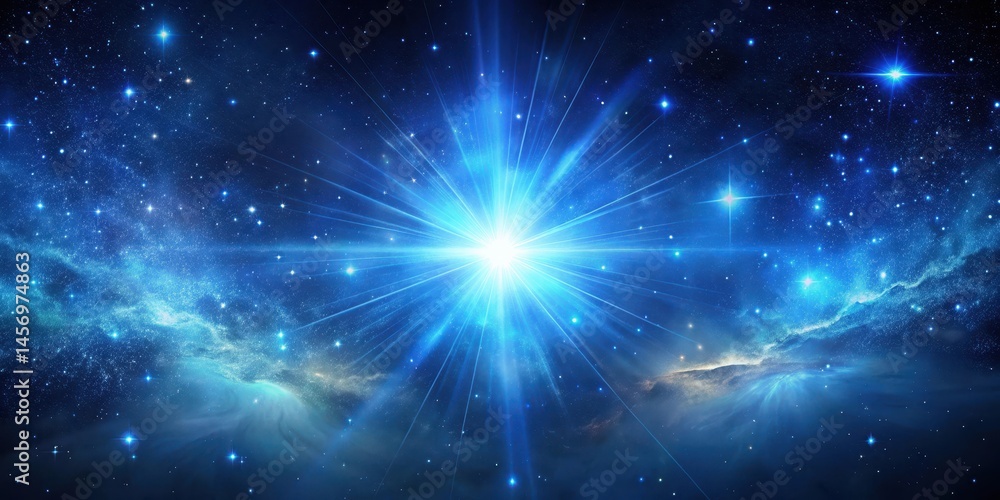 Naklejka premium Glowing Blue Light Explosion in the Night Sky with Stars and Nebulae , astrophotography, celestial body