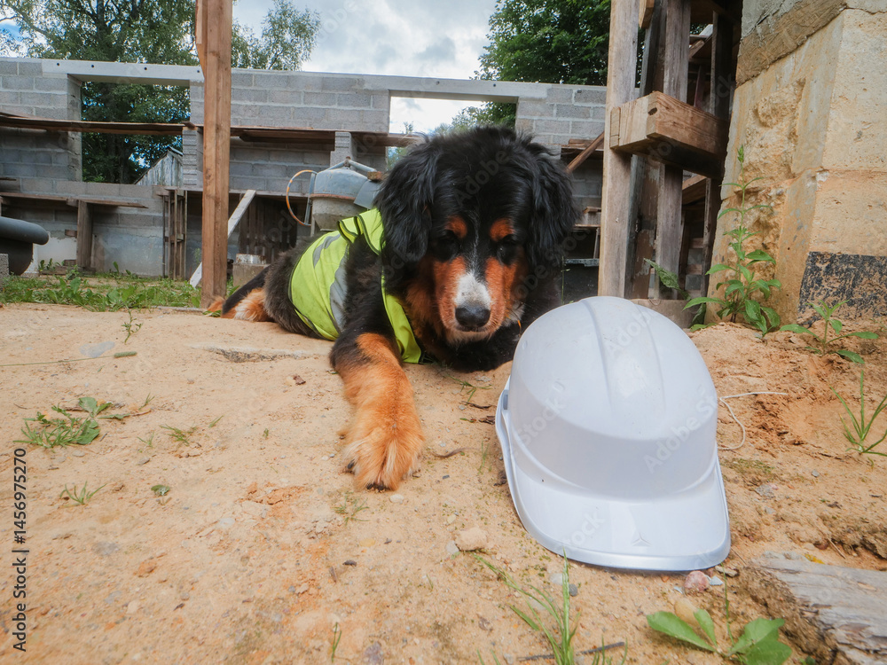 Tired Bearnaise dog on a construction site wearing high visibility vest, hard hat on the ground. Tough boss concept. Security and safety theme. Funny scene with a big animal. Break time concept