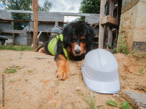 Obraz na płótnie Tired Bearnaise dog on a construction site wearing high visibility vest, hard hat on the ground. Tough boss concept. Security and safety theme. Funny scene with a big animal. Break time concept w salonie