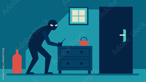 Inside a Living Room The interior of a living room is shown where a burglar is rummaging through drawers while the other is glimpsing at an open doorway.