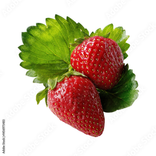 Fresh Strawberries with Leaves on Transparent Background, PNG