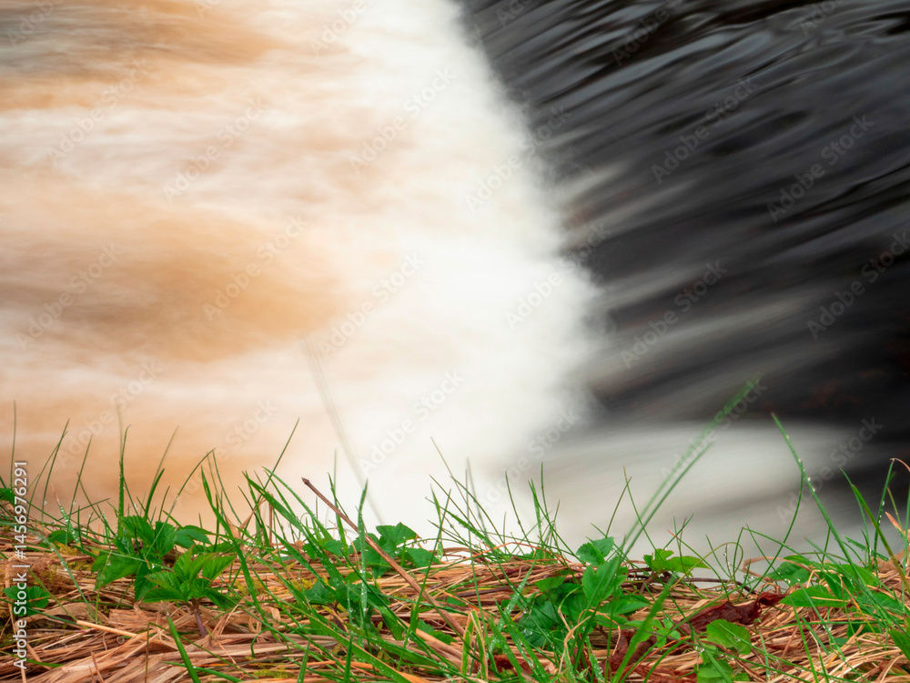 Small river with water flow. Trees and bushes growing on the river banks. Calm and relaxing nature scene.