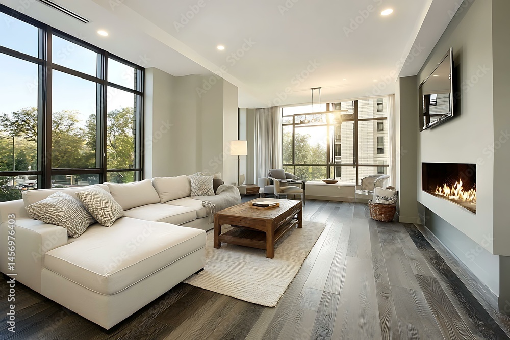 Modern Living Room with Large Windows and Fireplace Modern Living Room with Large Windows and Fireplace