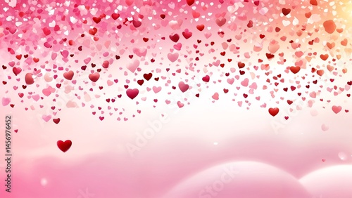 A pink and white background with lots of hearts falling from the sky.
