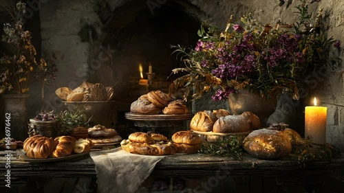 Medieval feast of baked goods.  A rustic display of diverse breads, pastries, and flowers in a dimly lit stone setting