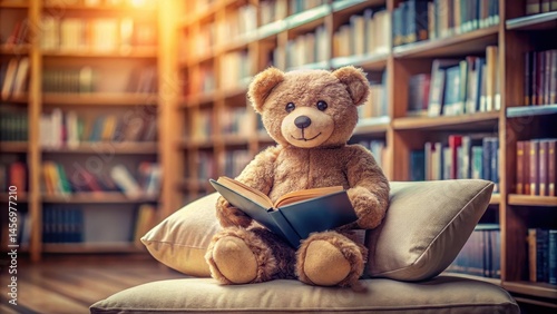 A cuddly teddy bear sitting on a soft cushion