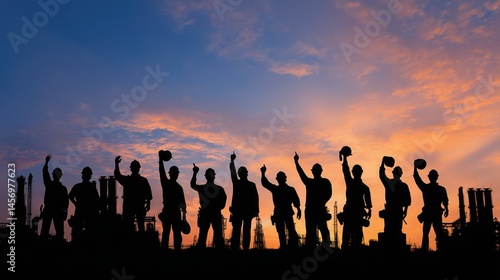 Diverse Industrial Workers Silhouetted at Sunset