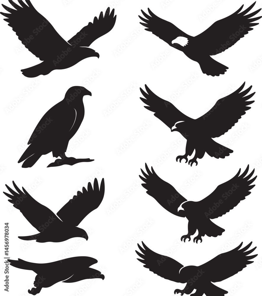 Obraz premium Majestic Eagle Silhouettes Set Depicting Various Flight and Perching Poses