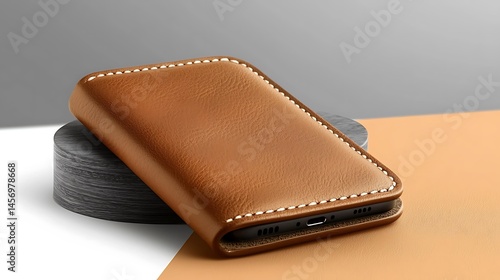 Wallpaper Mural Stylish leather phone case elegantly displayed on a modern surface with contrasting colors Torontodigital.ca