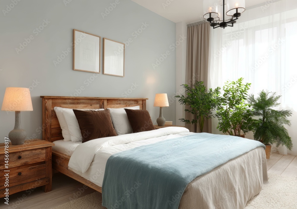 Fototapeta premium Cozy Bedroom Interior with Wooden Furniture and Plants