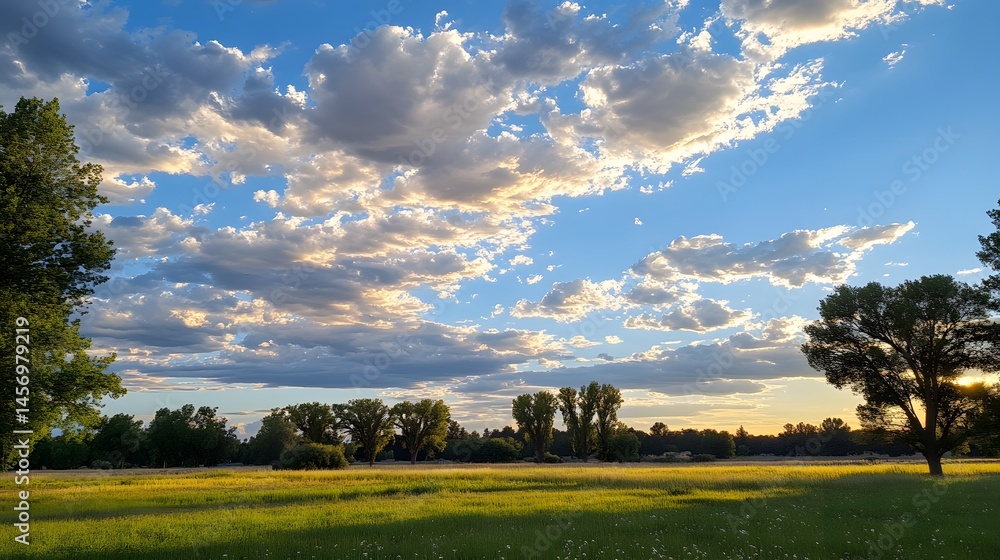 Obraz premium Scenic Sunset Meadow Landscape with Dramatic Clouds