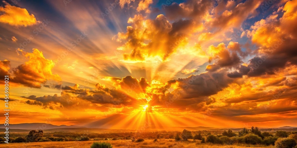 A majestic cloudy sky with warm sunbeams breaking through the gaps, illuminating a serene landscape with vibrant hues of orange and yellow , natural scenery, daytime scene A majestic cloudy sky with warm sunbeams breaking through the gaps, illuminating a serene landscape with vibrant hues of orange and yellow , natural scenery, daytime scene