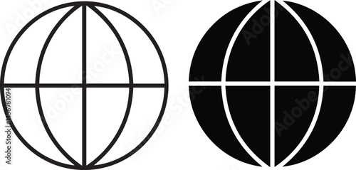 globe icon, geometric design, black and white, minimalist, spherical shape, latitude and longitude lines, world map symbol, simple graphic