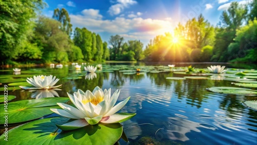 water lily flowers floating on the surface of a peaceful river backwater with flat green leaves in full bloom on a bright sunny day, green foliage, serenity