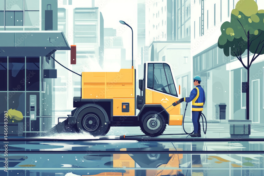 Naklejka premium street scene depicting worker using yellow cleaning vehicle to wash urban sidewalk. concept of city maintenance and cleanliness. urban environment, street cleaning. municipal employee