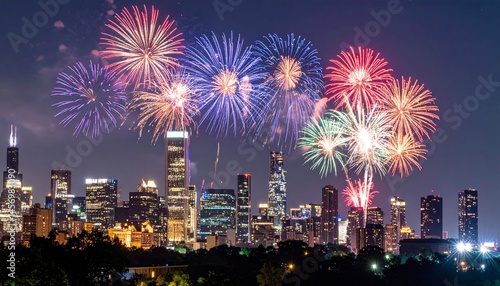 Nighttime view of energetic Fourth of July fireworks illuminating the city skyline, symbolizing patriotism and celebration.
