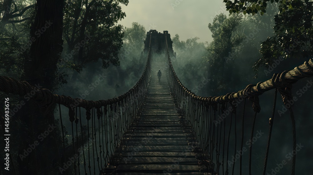 Fototapeta premium Misty jungle rope bridge spanning a deep chasm.