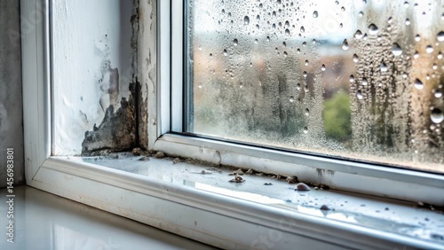 Droplets of condensate fall from a substandard metal-plastic window, leaving behind a layer of black mold and discoloration