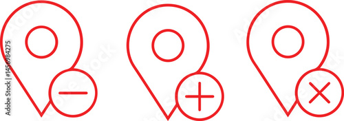 Map pin icons, minimalist design, red outlines, white background, minus symbol, plus symbol, close symbol, navigation markers, simple geometric shapes
