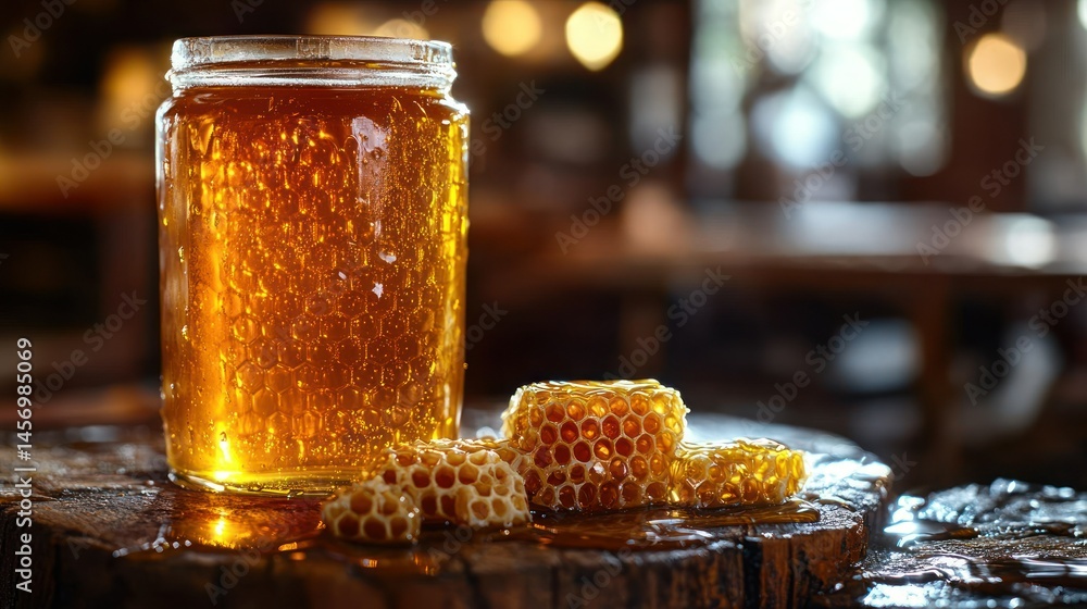 Honeycomb in jar on rustic wood Honeycomb in jar on rustic wood