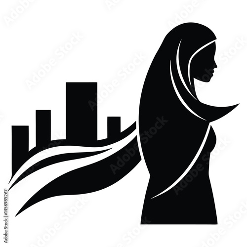 Woman in Hijab Silhouette against City Skyline Modern Muslim Woman Concept