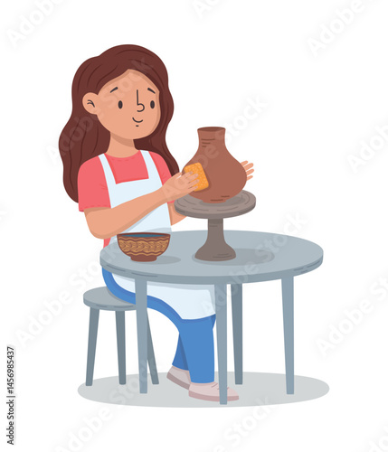 A potter girl makes a ceramic pot. Vector 