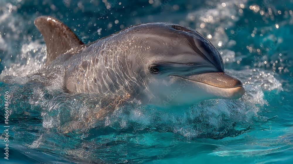 Obraz premium Enchanting Portrait of a Jovial Dolphin Emerging from Crystal-Clear Waters Symbolizing Marine Biodiversity and Environmental Awareness