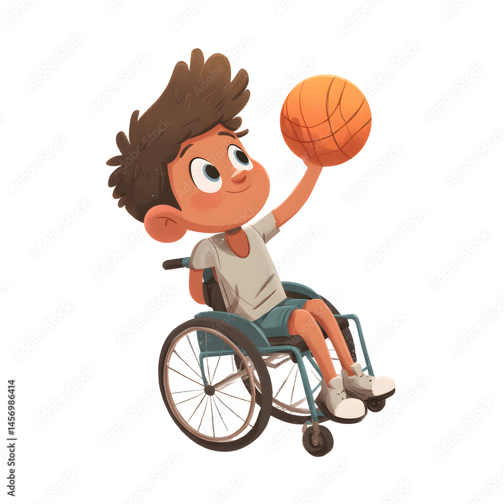 Fototapeta premium Cartoon boy in wheelchair, smiling, holding basketball up, looks eager to play.