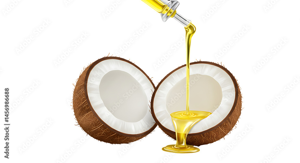 Coconut oil with halved coconut isolated on transparent background