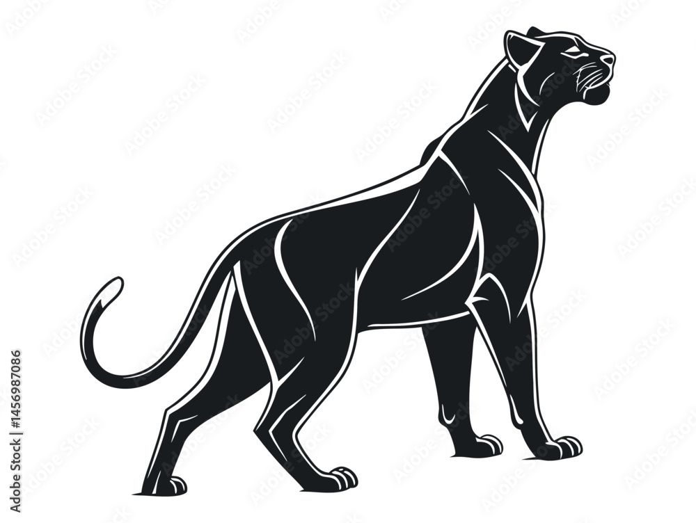Obraz premium Black Panther Silhouette on a Rocky Outcrop, panther, leopard, silhouette, black, white, wildlife, animal, cat, feline, jungle, nature, graphic, design, Panther Silhouette Standing on a Rock, side vie