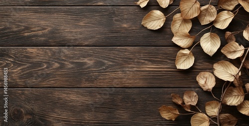 Dried leaves arranged on dark brown wooden surface, top view.