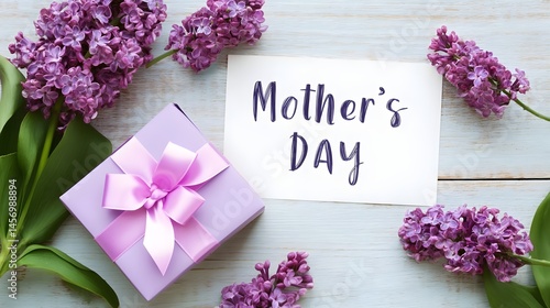 Celebrating Mother's Day with lilac flowers and a beautifully wrapped gift on a wooden table