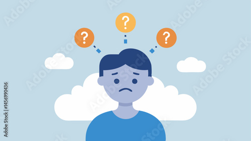 Cloud of Thoughts A figure with a cloud above their head filled with question marks stress icons and frowning faces indicating the mental load of emotional management.