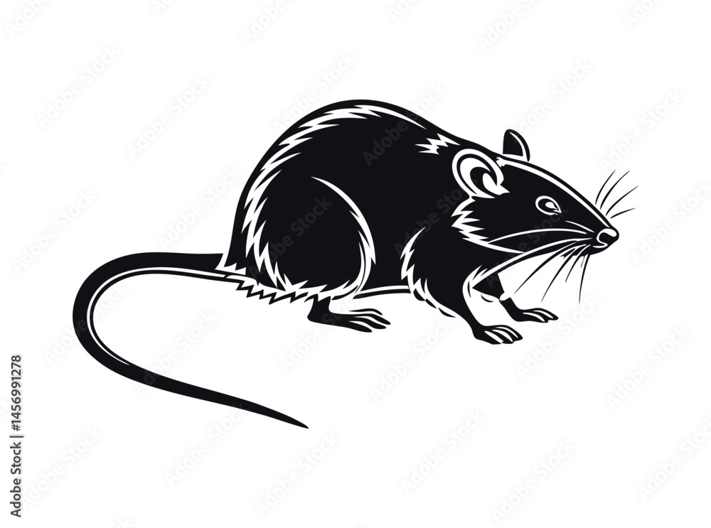 Fototapeta premium Silhouetted illustration of a rat. Bold black and white illustration of a rat, rat, rats, silhouette, black and white, black, white, profile, animal, set of nine black silhouettes of rats in various p