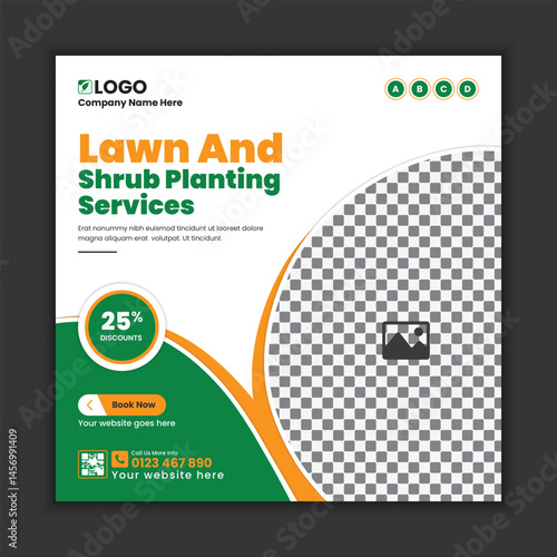 Professional lawn care and landscaping services social media post template, garden maintenance web banner design, outdoor services, and green landscaping business promotion. Perfect for digital market