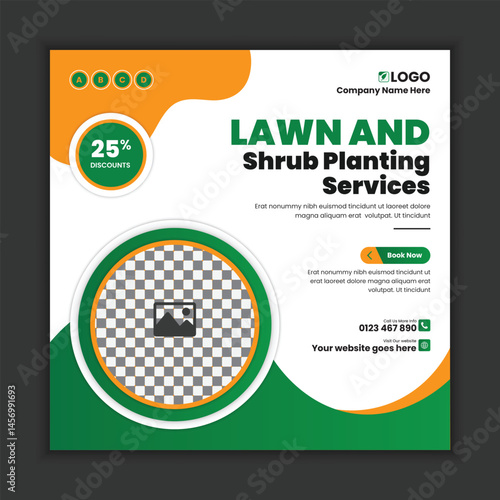 Professional lawn care and landscaping services social media post template, garden maintenance web banner design, outdoor services, and green landscaping business promotion. Perfect for digital market