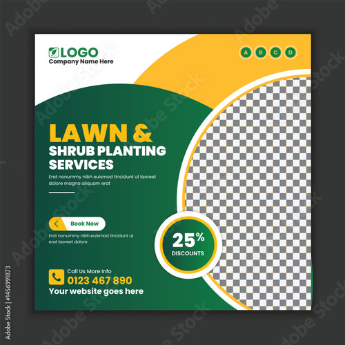 Professional lawn care and landscaping services social media post template, garden maintenance web banner design, outdoor services, and green landscaping business promotion. Perfect for digital market