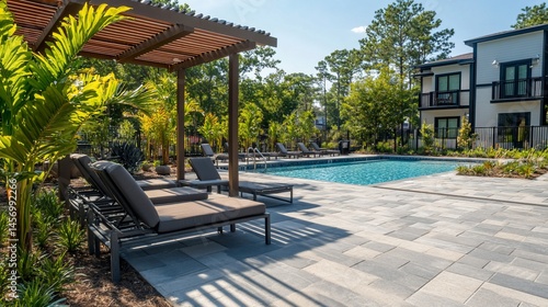 Resort-style pool with lounge chairs, pergola, and tropical landscaping.