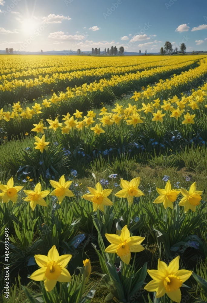 Obraz premium Sunny yellow daffodils carpet a verdant field under a bright blue sky , fresh, flowering plant, optimistic