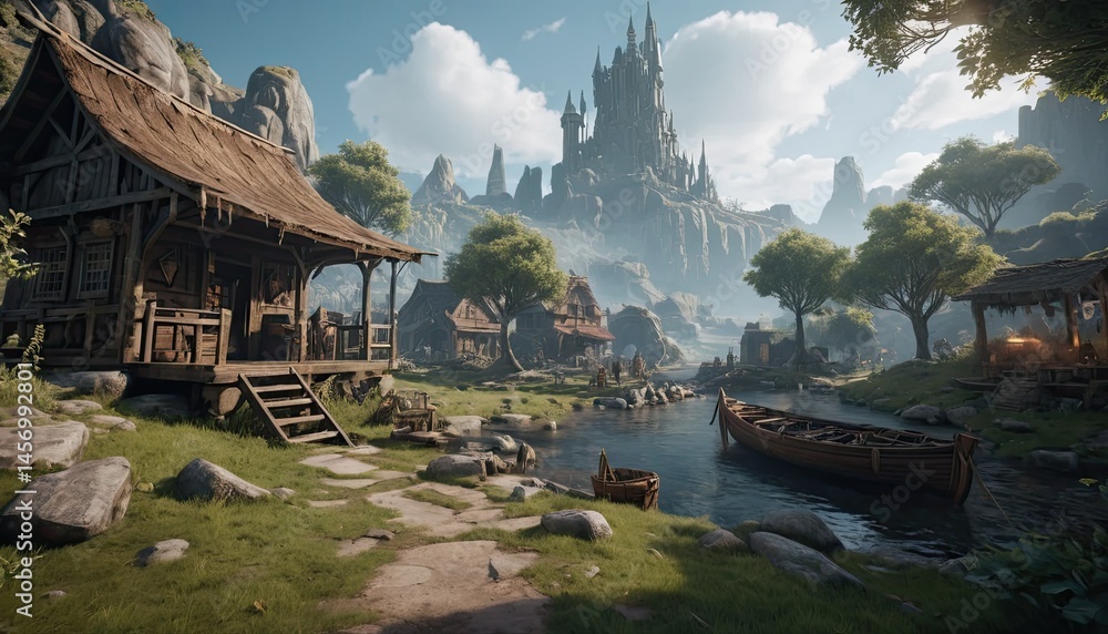 Fototapeta premium Medieval Village by River with Distant Castle Under Sunny Sky