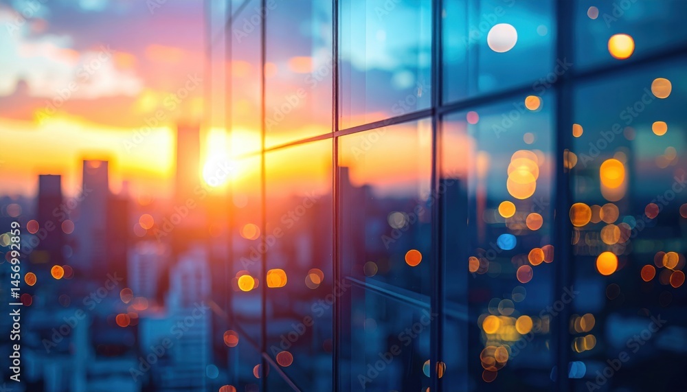 A vibrant cityscape at sunset, reflected on glass windows with colorful bokeh lights creating a dreamy, urban atmosphere.