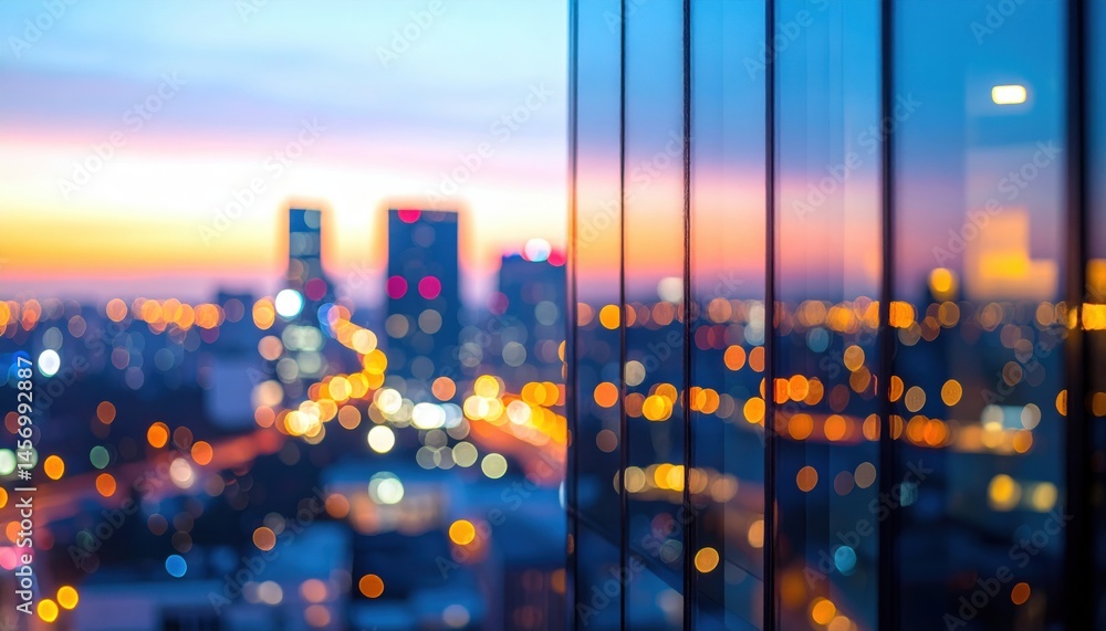 City lights blur at dusk, reflected on glass windows, creating a vibrant urban nightscape with colorful bokeh effects.