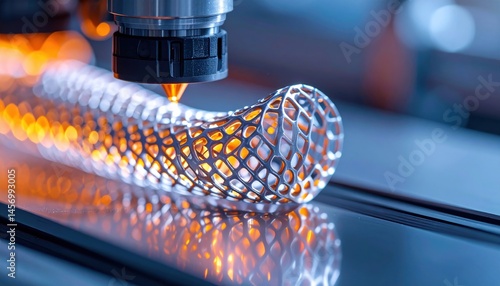 Obraz na płótnie A 3D printer creates a complex, lattice-structured object with glowing orange highlights, showcasing advanced manufacturing technology. w salonie