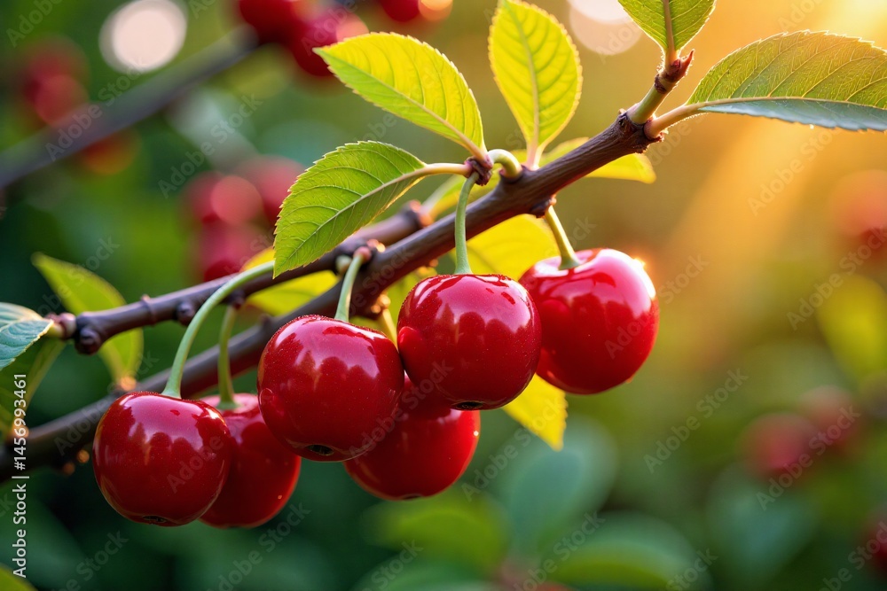 Sunkissed cherries hanging ripe on the branch Sunkissed cherries hanging ripe on the branch