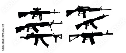 Silhouette illustration of various assault rifles, black silhouettes of different types of firearms, including rifles and pistols. firearms, weapons, guns, rifles, pistols, shotguns, assault rifles, m