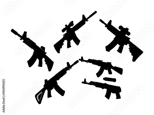 Silhouette illustration of various assault rifles, black silhouettes of different types of firearms, including rifles and pistols. firearms, weapons, guns, rifles, pistols, shotguns, assault rifles, m