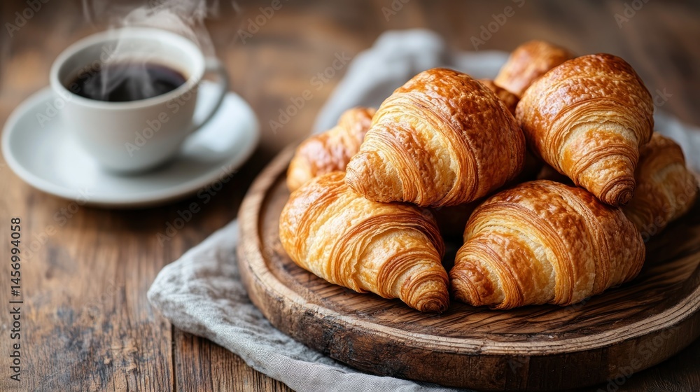 Freshly baked croissants with a steaming cup of coffee Freshly baked croissants with a steaming cup of coffee